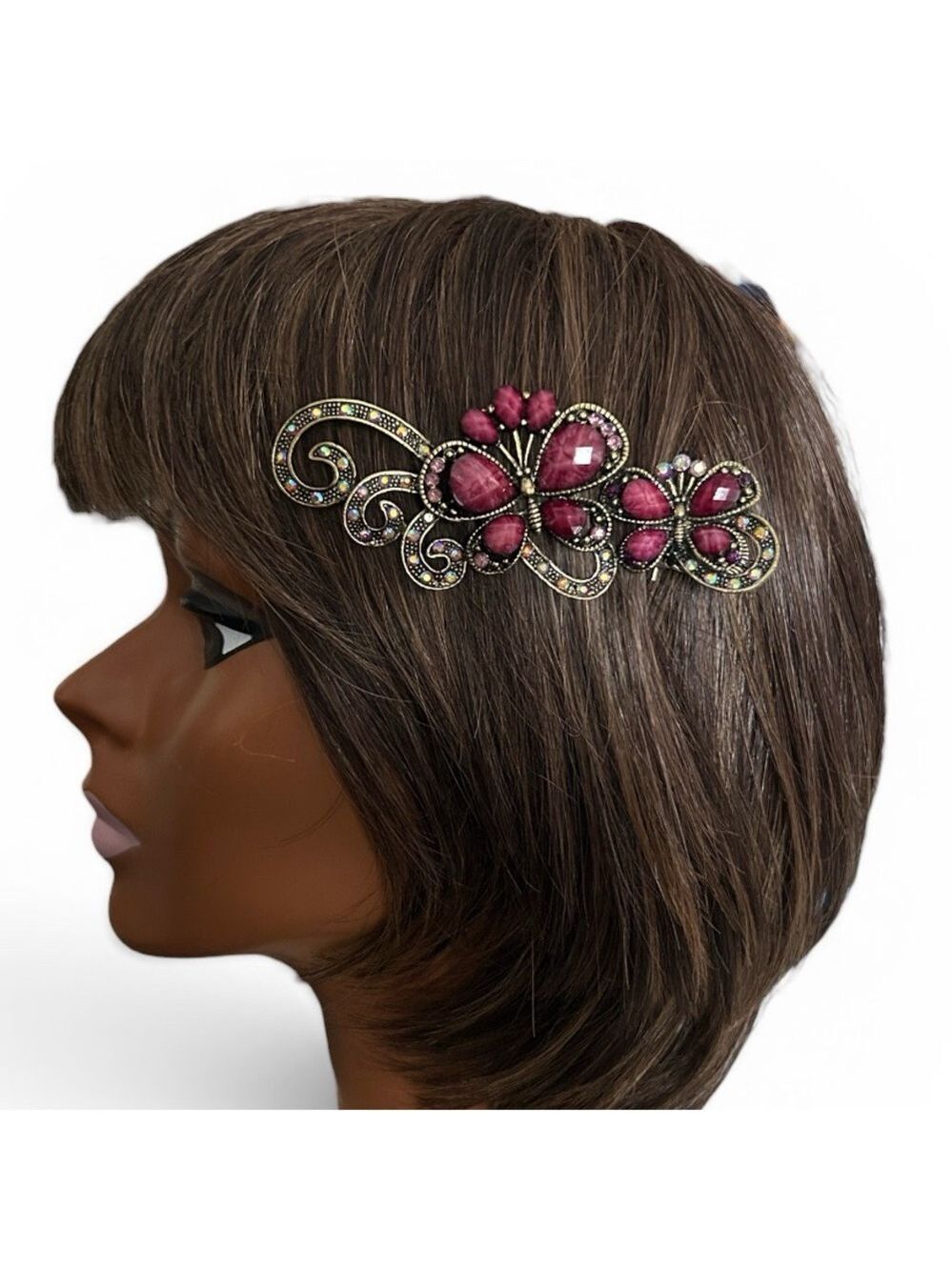 Antique Brass Burgundy Butterflies Rhinestone and Glass Gem Sparkle Hair Clip